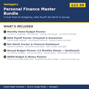 May include: A digital product listing for the VantageCo Personal Finance Master Bundle, featuring five Excel tools for budgeting, debt payoff, net worth, and savings. The text outlines a monthly budget planner, debt tracker, net worth dashboard, annual planner, and ADHD money planner.