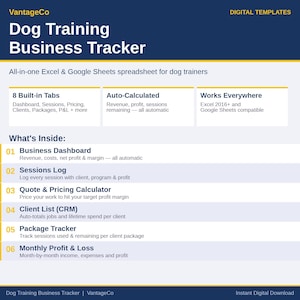 Hundträningsföretagsspårare | Kunder, paket, sessioner och utgifter | Excel- och Google Sheets-kalkylblad
