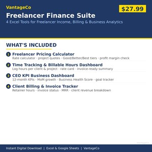Paquete de hojas de cálculo financieras para autónomos / Horas facturables, facturación a clientes y panel de control de beneficios / 4 plantillas de Excel