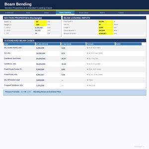 May include: A digital interface titled Beam Bending Section Properties & 8 Standard Loading Cases. It displays technical data including rectangle section properties, beam loading inputs, and a table of eight standard beam cases with formulas.