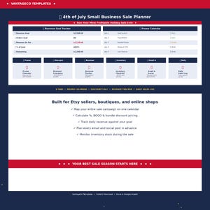 May include: A digital 4th of July Small Business Sale Planner template featuring a revenue goal tracker, promo calendar, and six tabs for discount calculation, revenue tracking, and daily sales logs, designed for Etsy sellers and online shops.