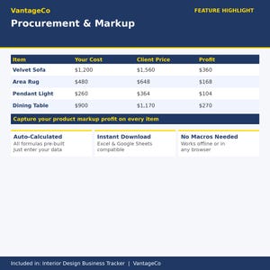 Sistema de seguimiento empresarial para diseño de interiores / Proyectos, adquisiciones, precios y gastos / Hoja de cálculo de Excel y Google Sheets
