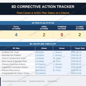 May include: A digital 8D Corrective Action Tracker dashboard featuring a summary table with total, open, overdue, and closed actions. Below is an 8D discipline checklist detailing steps D1 through D8, including status, owner, and target date columns.