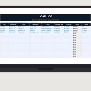 Pode incluir: Uma tela de laptop exibindo uma planilha digital intitulada LOAD LOG. A tabela inclui colunas para Load #, Pickup Date, Origin, Destination, Carrier, Customer Rate, Carrier Pay, Margin e Status, com quatro linhas de entradas de dados.
