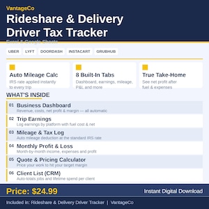 Suivi fiscal des chauffeurs VTC et livreurs | Kilométrage, revenus et dépenses | Uber, Lyft, DoorDash | Excel et Google Sheets