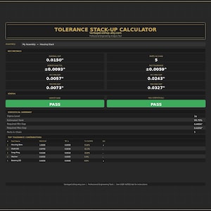 May include: A digital Tolerance Stack-Up Calculator interface displayed on a dark background. The dashboard features key metrics, statistical summaries, and a top tolerance contributors table with numerical data in inches for engineering analysis.