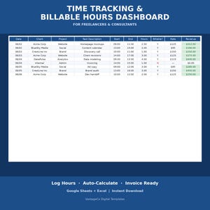 Puede incluir: Una plantilla digital de panel de control para el seguimiento del tiempo y horas facturables para autónomos y consultores. La hoja de cálculo muestra columnas para fecha, cliente, proyecto, descripción de tarea, horarios y los ingresos.