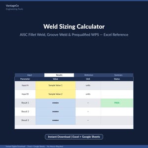 May include: A digital Weld Sizing Calculator spreadsheet interface on a dark blue background. The table displays parameters, input values, units, and status results, including a green PASS indicator. Text includes VantageCo Engineering Tools.