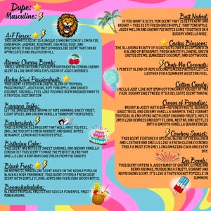 May include: A colorful informational flyer with a wavy pink, yellow, and blue background listing various scent names and descriptions. Text includes A+F Fierce, Atomic Cherry Bomb, Aloha Kiwi Passionfruit, Banana Taffy, Barbershop, Birthday Cake, Black Frost, Boomshakalaka, Butt Naked, Cactus Blossom, Chap My Coconuts, Cotton Candy, Crown of Paradise, Cowboy Sunset, and Da Bomb.