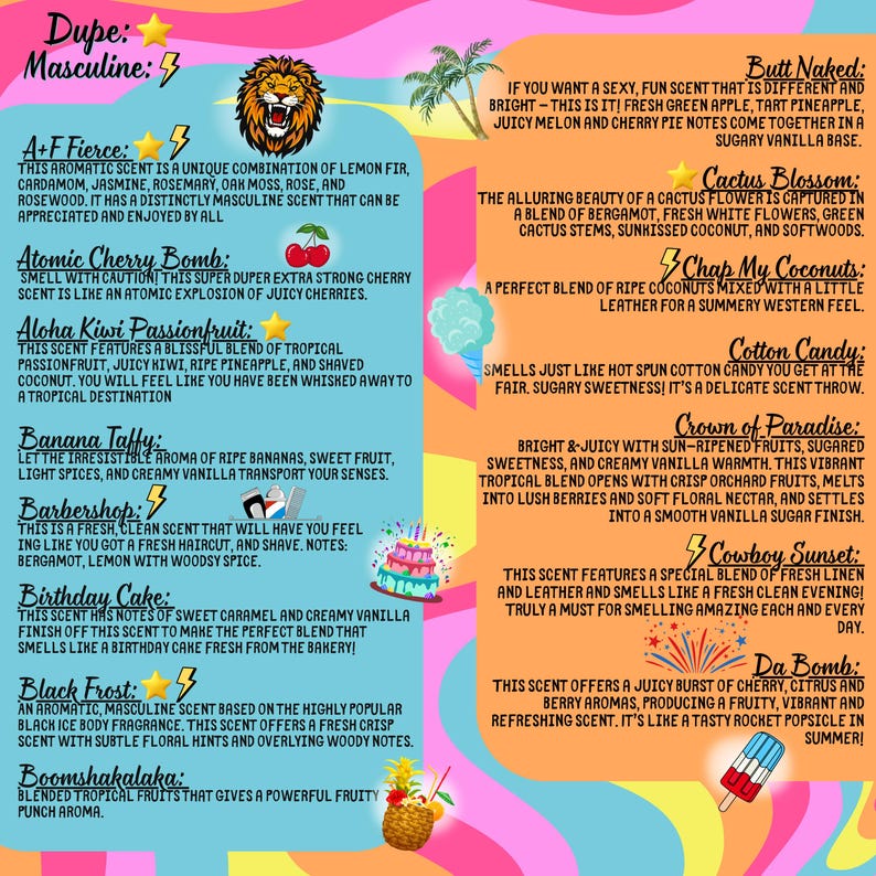 May include: A colorful informational flyer with a wavy pink, yellow, and blue background listing various scent names and descriptions. Text includes A+F Fierce, Atomic Cherry Bomb, Aloha Kiwi Passionfruit, Banana Taffy, Barbershop, Birthday Cake, Black Frost, Boomshakalaka, Butt Naked, Cactus Blossom, Chap My Coconuts, Cotton Candy, Crown of Paradise, Cowboy Sunset, and Da Bomb.