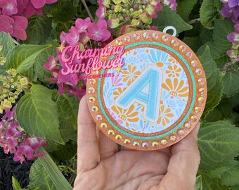 Tangerine Floral Print Monogram Letter Car Freshener