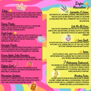 May include: A colorful informational chart with a pink and yellow background listing various fragrance names and descriptions including Diva, Fancy Pants, Fruit Loops, Georgia Peach, Green Apple Jolly Rancher, Gypsy Soul, Hawaiian Suntan, Lavender & Linen, Lick Me All Over, Love Spell, Luna, Mahogany Teakwood, and Monkey Farts.