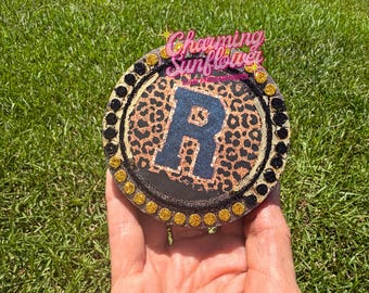 Gold Leaf Black Monogram Letter With Pearls Car Freshie