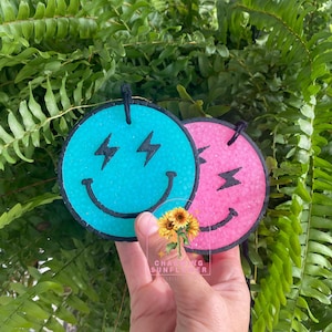 May include: Two round air fresheners with a smiley face and lightning bolt design. One is turquoise, the other is pink, both with black outlines and a black string for hanging. The background is green foliage.