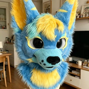 May include: A plush animal head mask featuring bright blue and yellow faux fur. The mask has large, dark, glossy eyes, pointed ears with yellow tips, a black nose, and a tuft of yellow fur on the forehead, all mounted on a display stand.