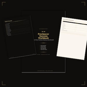 Könnte beinhalten: Ein schwarzes Freelancer Success Workbook-Cover mit goldenem Text, das links eine Inhaltsangabe und rechts eine Seite zur Selbstbewertung von Erfolgsgewohnheiten zeigt. Das Cover enthält den Text Build Your Freelance Business from Scratch.