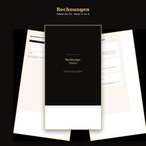 Könnte beinhalten: Eine digitale Dashboard-Oberfläche mit dem Titel Rechnungen Freelancer OS Modul 3 von 6, bestehend aus einem zentralen schwarzen Feld mit der Aufschrift Rechnungs-Modul und Unterpunkten wie Rechnungs-Tracker, Mahnwesen, Checkliste und Quartalsübersicht.