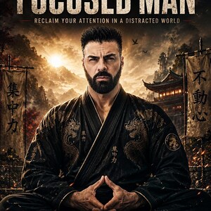 Könnte beinhalten: Ein Buchcover mit dem Titel THE FOCUSED MAN RECLAIM YOUR ATTENTION IN A DISTRACTED WORLD von DAVID SALUCCI 6TH DAN. Es zeigt eine bärtige Person in einer schwarzen Kampfkunstuniform mit goldenen Drachenstickereien in meditativer Haltung.