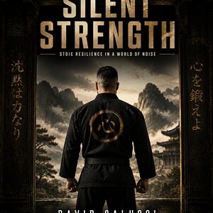 Può includere: Una copertina di libro intitolata The Silent Strength: Stoic Resilience in a World of Noise di David Salucci, 6th Dan Martial Artist. Raffigura una persona in uniforme nera da arti marziali con un emblema circolare dorato sul retro, davanti a un cancello.