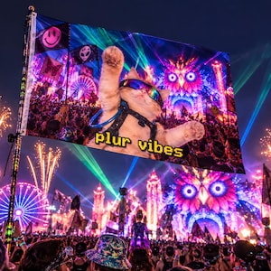 May include: A rectangular flag featuring a graphic of a cat wearing sunglasses and a harness, with the text "plur vibes" in yellow pixelated font. The background shows a nighttime music festival with a large owl structure, lasers, and fireworks.
