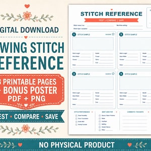 May include: A digital sewing stitch reference sheet with a white background, teal and orange text, and floral accents. The document includes sections for stitch samples, machine settings, stitch performance, and notes, labeled as a printable PDF.