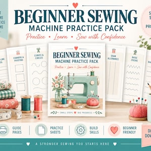 Könnte beinhalten: Ein digitales Übungspaket für Anfänger an der Nähmaschine mit mehreren druckbaren Blättern für Nähübungen wie gerade Linien, Kurven und Zickzackstiche. Das Cover zeigt eine mintgrüne Nähmaschine, Garnrollen und ein Nadelkissen.