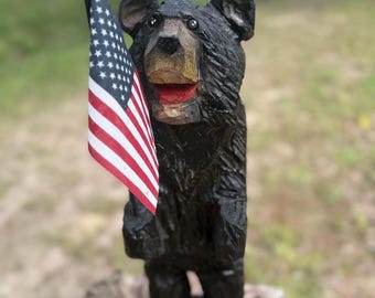 Chainsaw Carved Bear with American Flag, Rustic Wood Decor, Patriotic Lodge Accent