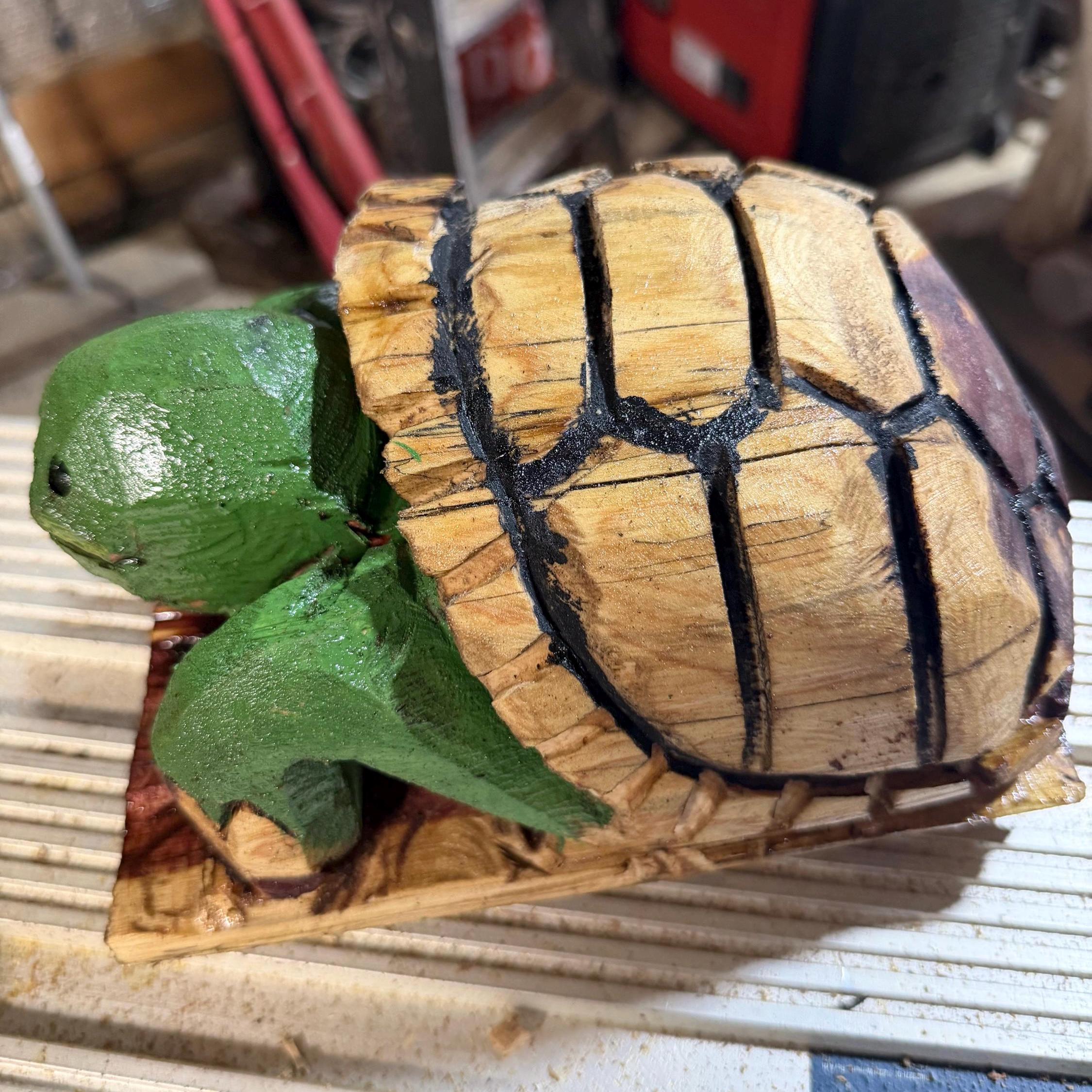Chainsaw Carved Cedar Turtle Sculpture Hand-Finished Rustic Woodland Decor