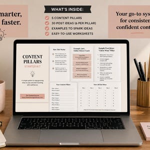 May include: A laptop screen displaying a Content Pillars Starter Kit with sections for how it works, content pillars, and post ideas. The screen shows text including Plan smarter, create faster, 5 Content Pillars, and 30 Post Ideas.