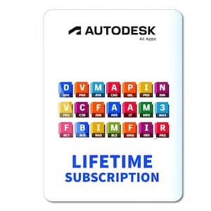 Peut inclure: Une carte rectangulaire blanche avec le logo noir Autodesk All Apps en haut. En dessous se trouvent trois rangées d'icônes carrées colorées avec des lettres et des abréviations. Le texte LIFETIME SUBSCRIPTION est imprimé en bleu gras en bas.