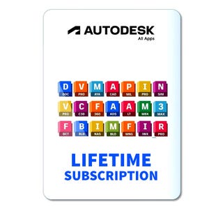 May include: A white rectangular card featuring the black Autodesk All Apps logo at the top. Below are three rows of colourful square icons with letters and abbreviations. The text LIFETIME SUBSCRIPTION is printed in bold blue letters at the bottom.