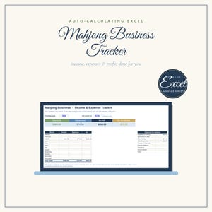 May include: An auto-calculating Excel Mahjong Business Tracker spreadsheet template. The digital interface displays income, expenses, and profit columns with a 2026 tracking year. A circular badge indicates compatibility with Excel and Google Sheets software.