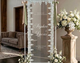 Monogram Initials Banner Sheer Lace Wedding Sign Personalized Couple Tulle Welcome Ceremony Reception Decor Drape Custom Bridal Lettering