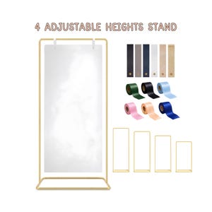 Könnte beinhalten: Ein goldener Metallständer mit rechteckigem Rahmen und weißer vertikaler Platte, beschriftet mit 4 ADJUSTABLE HEIGHTS STAND. Das Bild zeigt verschiedene farbige Bandrollen in Schwarz, Grau, Marineblau, Weiß, Beige, Gold, Grün, Pink und Blau sowie vier Rahmengrößen.