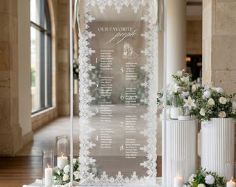 Sheer Lace Wedding Seating Chart Custom Fabric Seating Plan Reception Table Assignment Sign Romantic Organza Guest List Decor