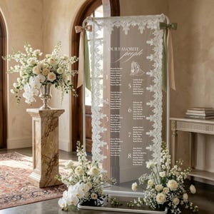 Peut inclure: Un grand panneau de plan de table de mariage rectangulaire et transparent en acrylique, titré "OUR FAVORITE PEOPLE" avec du texte blanc et un dessin au trait d'un couple, bordé de dentelle blanche et orné de rubans vert sauge sur un support en métal blanc.