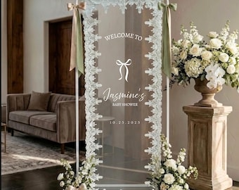 Cartello di benvenuto personalizzato in pizzo trasparente per baby shower, sfondo in tessuto tulle personalizzato, decorazione d'ingresso neutra, nastro floreale per feste.