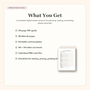May include: A digital resource guide titled Sweetest Batch Studio What You Get, featuring a 54-page PDF guide, workbook pages, printable card templates, A4 and US Letter cut sheets, individual PNG card files, and checklists for testing, pricing, and packing.