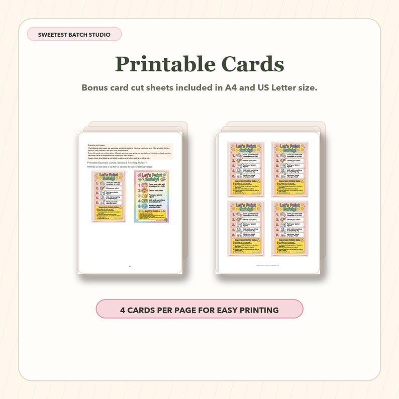 May include: Printable cards featuring safety rules for painting, with text reading Let's Paint Safely. The document includes instructions and four cards per page for easy printing, available in A4 and US Letter size formats for convenience.