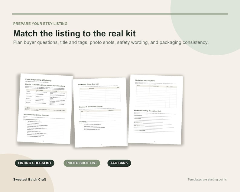 May include: Three white printed worksheets titled Prepare Your Etsy Listing, Match the listing to the real kit, featuring sections for buyer questions, photo shot lists, and tag banks. Below are three dark green buttons labeled Listing Checklist, Photo Shot List, and Tag Bank.