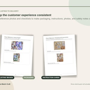 May include: An instructional document titled From Listing to Delivery with the text Keep the customer experience consistent. It features two pages with photo references for listing images, packaging steps, and instruction cards for Sweetest Batch Craft.