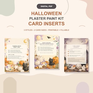 Puede incluir: Un conjunto de tarjetas insertables en PDF digital para un kit de pintura de yeso de Halloween, con tres hojas de instrucciones ilustradas con calabazas, fantasmas y gatos negros, incluyendo títulos como Pumpkin Patch Paint Time y Sweet Spooky Painting Instructions.