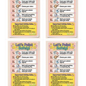 May include: Four identical rectangular safety cards with a light pink background, featuring the title Let's Paint Safely! in purple text. Each card lists five numbered steps with icons and an Important Safety Rules section with bullet points.