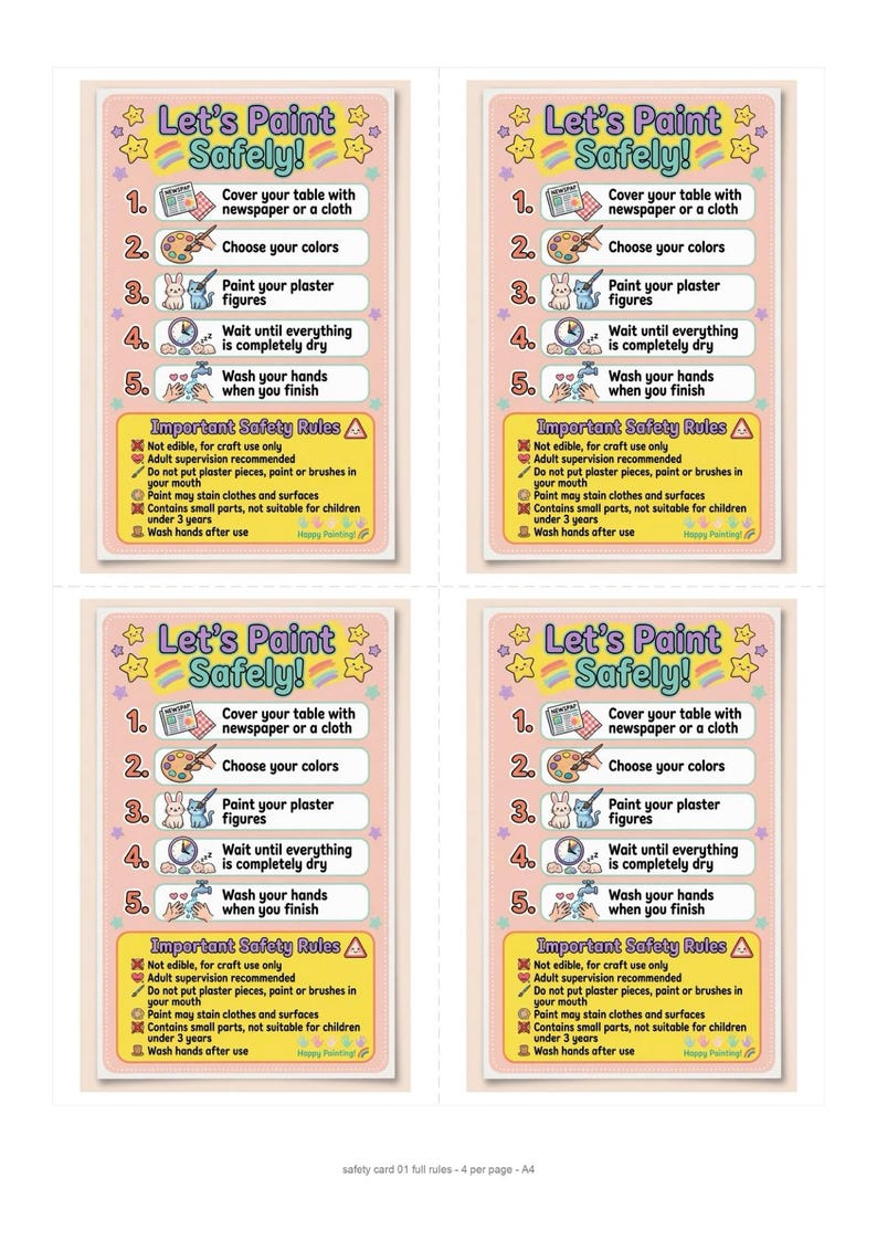 May include: Four identical rectangular safety cards with a light pink background, featuring the title Let's Paint Safely! in purple text. Each card lists five numbered steps with icons and an Important Safety Rules section with bullet points.