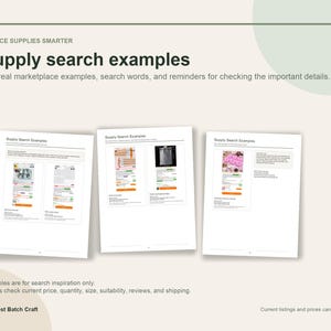 May include: An educational document titled Supply search examples with three pages showing screenshots of online marketplace listings. The text provides guidance on checking details like price, quantity, and size for craft supplies.