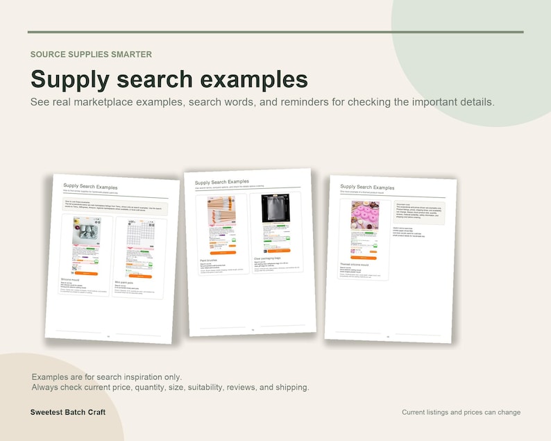 May include: An educational document titled Supply search examples with three pages showing screenshots of online marketplace listings. The text provides guidance on checking details like price, quantity, and size for craft supplies.