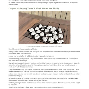 May include: A black wire cooling rack holds numerous small, white, molded plaster shapes in various designs, including hearts, flowers, and geometric patterns, arranged for drying on a wooden surface with instructional text above and below.