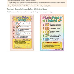 May include: Two rectangular printable safety cards for painting kits. Both cards feature the title Let's Paint Safely! and a numbered list of five instructions with icons, followed by a section titled Important Safety Rules with warnings.