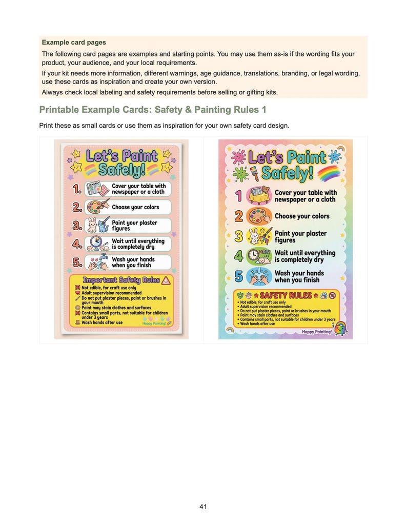 May include: Two rectangular printable safety cards for painting kits. Both cards feature the title Let's Paint Safely! and a numbered list of five instructions with icons, followed by a section titled Important Safety Rules with warnings.