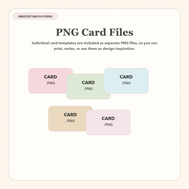 May include: A digital graphic displaying the text SWEETEST BATCH STUDIO and PNG Card Files. Below, five rectangular card templates in pastel pink, light green, light blue, beige, and lavender are shown, each labeled with the text CARD .PNG.